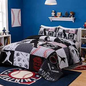 Meeting Story Kids Quilt Set Twin Size Sports Geometric Grid Black Patchwork Baseball Printed for Boys, Bedspread Bed Cover for All Season(Black,Twin)