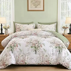 Anibedding Pink Green Floral Comforter Set King Size, 7 Piece Bed in a Bag | Flower Bedding Set, Rose Botanical Print, Soft Microfiber, Includes Sheets, All Season
