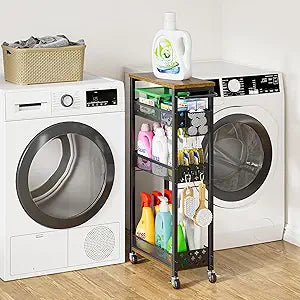 4 Tier Slim Rolling Storage Cart, Laundry Room Cart on Wheels, Small Metal Bathroom Cart Kitchen Organizer Trolley with Handle and Mesh Basket, 7.1 inch Width for Narrow Space, Black