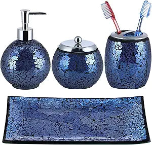 4 Pcs Mosaic Glass Bathroom Accessories Set, Modern Luxury Bath Ensemble, Includes Soap Dispenser, Cotton Swab Jar, Toothbrush Holder, Vanity Tray (Shiny Blue)