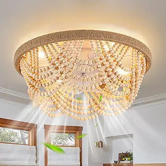 20" Boho Ceiling Fan with Lights and Remote Wood Beaded Chandelier Ceiling Fan Flush Mount Coastal Fandelier for Bedroom Nursery, 6 Speeds Reversible Quiet Motor, 4 E26 Bulbs (Not Included)