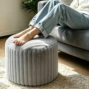 Round Stuffed Pouf Ottoman, Stripe Faux Fur Footrest, Solid Block Support+Soft Cushion Comfort, Removable Washable Cover, 20" Floor Pouf for Living Room Bedroom Dorm Vanity Under Desk, Gray