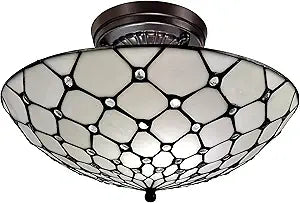 Tiffany Style Ceiling Fixture Lamp Jeweled 16" Wide 2 Light Stained Glass White Cream Antique Vintage Decor Living Room Bedroom Hallway Kitchen Gift AM030CL17B Amora Lighting