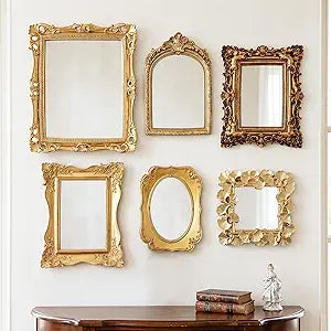 Kathfly 6 Pack Vintage Gold Mirror for Wall Gold Antique Wall Hanging Mirrors for Bedroom Decorative Resin Frame Baroque Style Assorted Sizes Tabletop Tray for Gallery Home Living Room Decor(Square)