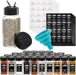 Tebery 30 Pack Glass Spice Jars Square Glass Bottles with Black Caps, 4oz Empty Spice Containers Shakers Complete Organizer Set Includes Wide Funnel and Labels