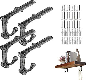 Heavy Duty Floating Shelf Brackets & Supports 4 Pack, Iron Shelf Brackets 6 Inch, Black Shelf Bracket with Hook, Rustic Shelving Brackets for Floating Shelves