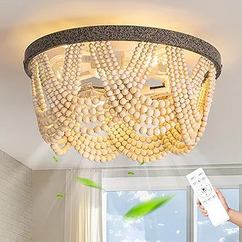 20" Boho Ceiling Fan with Light, Bohemian Caged Ceiling Fan with Lights and Remote Control, Wood Beaded Flush Mount with Reversible 6 Speeds for Bedroom, Nursery, Living Room, E26 Base, Indoor-Brown