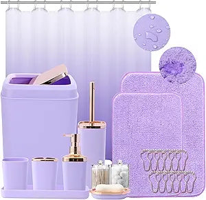 XLHOMO Bathroom Accessory SetBathroom Sets with Shower Curtain and Rugs, Non Slip Bathroom Rugs Super Absorbent, Light Purple Ombre Shower Curtain with Hooks, Lavender Bathroom Sets Complete for Home