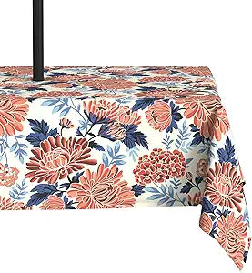 LVTXIII Rectangle Outdoor Tablecloth with Zipper Umbrella Hole, Water-Repellent 60 x 84 Inch Patio Table Cover for Picnic, Garden, Backyard Dining, Vibrant Blossom