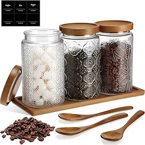 3 Pack 34 oz Glass Coffee Container with Wooden Tray Lid Spoon Labels Clear Airtight Glass Jar Food Storage Kitchen Canisters Set Decorative Coffee Bar Containers for Sugar Candy Tea Flour