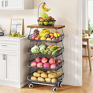 SAYZH Fruit Basket Kitchen Pantry Organizers and Storage - Wooden Top Table, Stackable Metal Wire Basket Stand Cart for Fruit Vegetable Snacks Onion Potato Organization (Black, 5 Tiers)