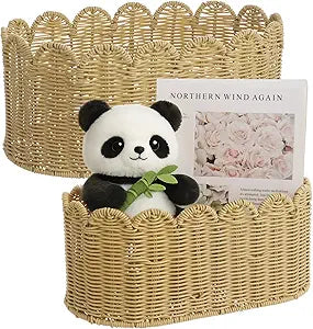 Scalloped Basket Set of 2, Woven Imitation Rattan Storage Baskets, Large & Small Organizer Bins with Scalloped Edges, Rectangular Open Top Containers for Clothes, Toys, Snacks