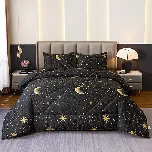 Caressma Black Comforter Moon Star Teen Boy Girl Galaxy Bedding Queen Size Microfiber Set 3 Pieces with Pillowcases for All Seasons