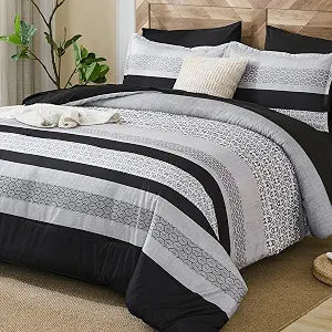 DJY Black Comforter Set Queen Size,7 Pieces Bed in a Bag Boho Striped Bedding Sets,Black and White Soft Microfiber Bedding Set for All Season(104"90")