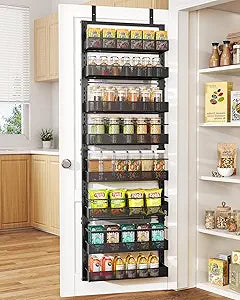 SNTD 8 Tiers Over the Door Organizer - Height Adjustable Pantry Organizers and Storage with Dense Mesh Baskets, Anti-Swing Hanging Door Spice Rack for Kitchen Bathroom (Black, 17" W x 6" D x 69" H)