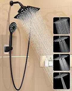Veken High Pressure 8" Rain Shower Head with Handheld, Multi-Functions Square Rainfall Shower Heads with 5-Mode Handheld Spray Combo, Detachable Hand Held Showerhead, Dual Matte Black Regaderas Para