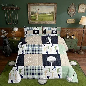 Castle Fairy Golf Plaid Comforter Set Twin Size,Ball Sports Lover Style Bedding Set for Kids Boys Men,Green Buffalo Grid Geometric Quilted Duvet Set with 1 Pillowcase