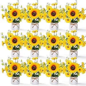 Zeyune 12 Pcs Sunflower Potted Plants Rustic Summer Spring Kitchen Wedding Table Centerpieces Silk Yellow Fake Flower with Plastic Pot for Home Bathroom Office (White,Daisy)