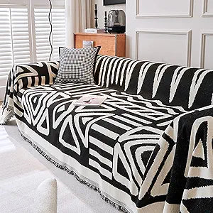 MERRYLIFE Chenille Boho Sofa Slipcover with Tassel Non-Slip Bohemian Soft Washable Loveseat Couch Cover Pet Furniture Protector (Black Boho, 71"*134")
