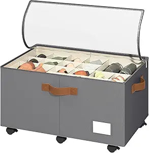 Foyego Shoe Organizer for Closet, Shoe Storage Organizer with Wheels and Adjustable Dividers, Stackable Shoe Storage Box with Clear Cover, Foldable Closet Shoe Organizer Fits up to 24-48 Pairs, Gray