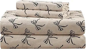 Comfort Spaces 100% Cotton Sheets Queen, Breathable, Naturally Cool Cotton Sheets, Cotton Bed Sheets with 14" Elastic Pocket Fits up to 16" Mattress, All Seasons Sheet Set, Bow Black/Taupe 4 Piece