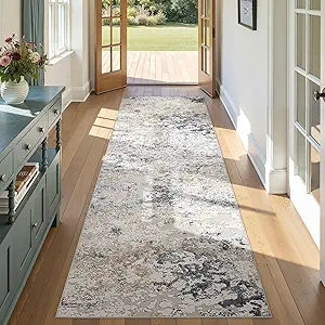 DMOYEST Washable Runner Rug for Hallway: 3x8 Neutral Modern Abstract Low Pile Area Rug with Non-Slip Backing - Carpet for Bedroom Kitchen Laundry Entryway Bathroom Indoor - Beige Blue