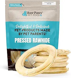 Raw Paws Compressed Rawhide Rings for Dogs, 6-inch, 5-Count - Packed in the USA - Rawhide Rings - Digestible Rawhide Donuts - Natural Hide Dogs Chews - Natural Puppy Teething Rings