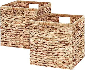 Vagusicc 11x11 Inch Water Hyacinth Storage Baskets Set of 2, Foldable Handwoven Wicker Storage Cubes with Handles for Laundry Organizer Bins for Home Bathroom Shelves & Decor