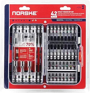 Norske Tools NIBPI703 42-Piece Impact Torsion Screwdriver Bit Set - PH, SQ, TORX Bits, Socket Adapters, Nutsetters, Magnetic QC Bit Holder