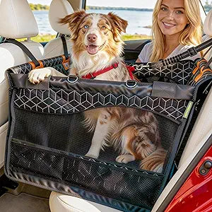 Dog Car Seat for Large Medium Dogs, Back Seat Extender for Pets with Hard Bottom, Waterproof Dog Seat Cover with 3 Mesh Windows, Removable Fleece Mat for Cars SUVs Trucks