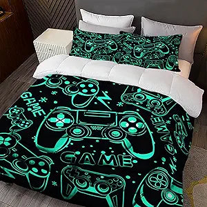 Sunnycitron Black Green Gamepad Gamer Comforter Set for Boys Gaming Bedding Set Teens Game Room Decor Full (1 Comforter + 2 Pillowcase)