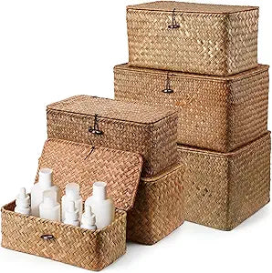 Kigley 6 Pcs Seagrass Basket with Lid Wicker Storage Decorative Boxes with Lids Bin Woven Organizer for Shelf Closet Bedroom, 6 Sizes(Classic Style,Dark Brown)