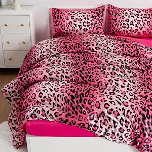 A Nice Night Pink Leopard Printed���Satin Silky Bedding Comforter Set Queen