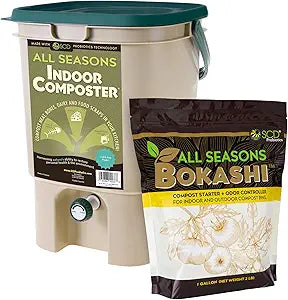 All Seasons Indoor Composter Starter Kit  5 Gallon Tan Compost Bin For Kitchen Countertop With Lid, Spigot & 1 Gallon (2 lbs.) Bag Of Dry Bokashi Bran  by SCD Probiotics