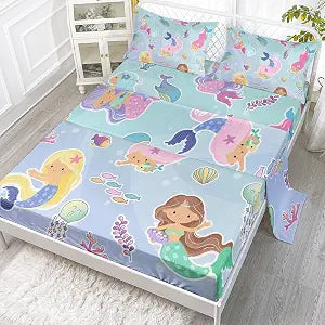 Mermaid Sheets Set 4Pcs for Kids,Watercolor Mermaid Marine Life Printed Sheet Set with 1 Flat Sheet and 1 Fitted Sheet + 2 Pillowcases(Marine Life Twin)