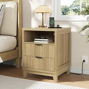 Fluted Nightstand with Charging Station, Modern Night Stand with 2 Slide Drawers and 1 Open Shelf, Natural End Table with Metal Handles, Bedside Table for Bedroom, 17.7 x 17.7 x 23.6in