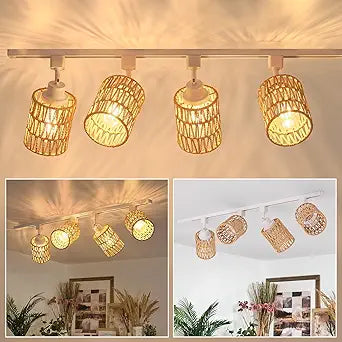 4-Pack H Track Lighting Heads, Rattan Track Light Heads Fixture for H Type Track Lighting Rail, E26 Flexible Track Light Ceiling Fixtures, Adjustable Modern Track Light for Kitchen, No Bulb