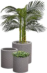 Keter Cylinder Set of 3 Rattan Resin Planter for Indoor and Outdoor Plants Ideal Decorative Planter for Porches and Patio Decor, Taupe