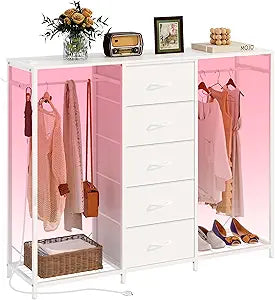 Espelism Dresser for Bedroom with Clothes Rack 5 Drawer Dresser with Charging Station LED Lights White Chest of Drawers Flexible Shelf and Open Storage Space for Bedroom Living Room (White)