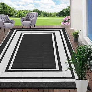 RURALITY Outdoor Rug 9x12 Waterproof for Patio Clearance,Large Plastic Straw Mat for Camping,Porch,RV,Reversible,Black and White