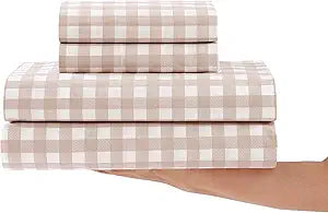 Stone Cottage - Sheet Set, Crisp & Breathable Percale Cotton Bedding with Matching Pillowcases, 200-Thread Count, Deep Pocket, Vintage Inspired Home Essentials (Cottage Check Beige, King)