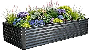 GrowHaus 8x4x2FT Galvanized Raised Garden Bed, Planter Boxes Outdoor Large Metal Garden Beds for Planting Vegetables Flowers Herbs Rectangle Dark Gray