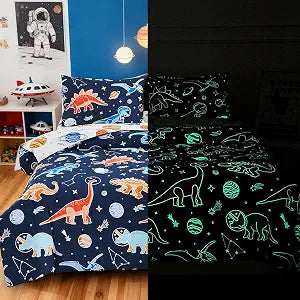Meeting Story Space Glow in the Dark Black Kids Comforter Set,5Piece Twin Boys Bedding Set Black Dinosaur Space Bed in A Bag with Sheets