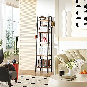 YMYNY 5 Tiers Ladder Bookcase, Industrial Narrow Bookshelf, Open Display Rack with 4 S Hooks, Metal Storage Shelves for Bedroom, Home Office, Living Room, Rustic Brown, 63H*13.4L*11.8W, UHBC025H