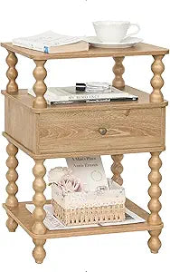 AWASEN Night Stand with Drawer, Bedside Table with Storage, 3-Tier Small Nightstand End Table for Bedroom with Solid Wood Spindle Legs, Rustic Walnut