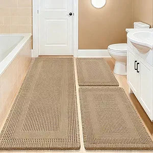 Upgrade Waffle Bath Mat Set 3 Piece, Boho Bathroom Rugs Absorbent Non Slip, Ultra Soft Bathroom Mat, Machine Washable Knit Bath Rugs with Tassels for Bathroom, Bedroom, Kitchen, Shower, Tub, Beige
