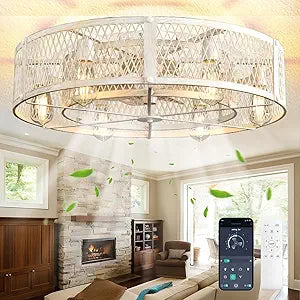 Depuley Modern Ceiling Fans with Light: Cement Flush Mount Ceiling Fans with Remote - 26 in Industrial Farmhouse Low Profile Fandelier Ceiling Fan Light Fixture for Kitchen Bedroom Dining Room