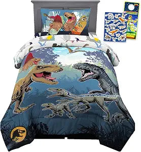 Jurassic World Bedding Set - Bundle with Dinosaur Bedspread for Twin Bed Plus Pillowcase, Stickers, More | Jurassic World Dinosaur Bedroom Decor for Boys