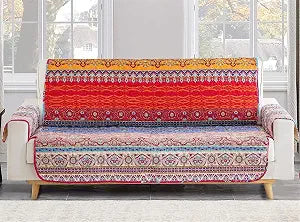 Yiran Boho Mandala Couch Cover Colorful Stripe Sofa Cover Slipcover with Elastic Straps Bohemian Soft Microfiber Furniture Protector for Kids Dogs Pets,3 Seater (Sitting Area 66 inch)