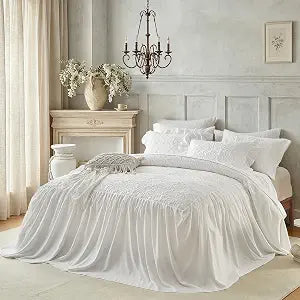 Ruffle Skirt Bedspread Set Floral Design - 30" Long Drop - Vintage Chic Ruffled Summer Bed Spreads Quilt Coverlet Boho Bedding Lightweight Luxurious Rustic 3 Piece Set Queen Size White